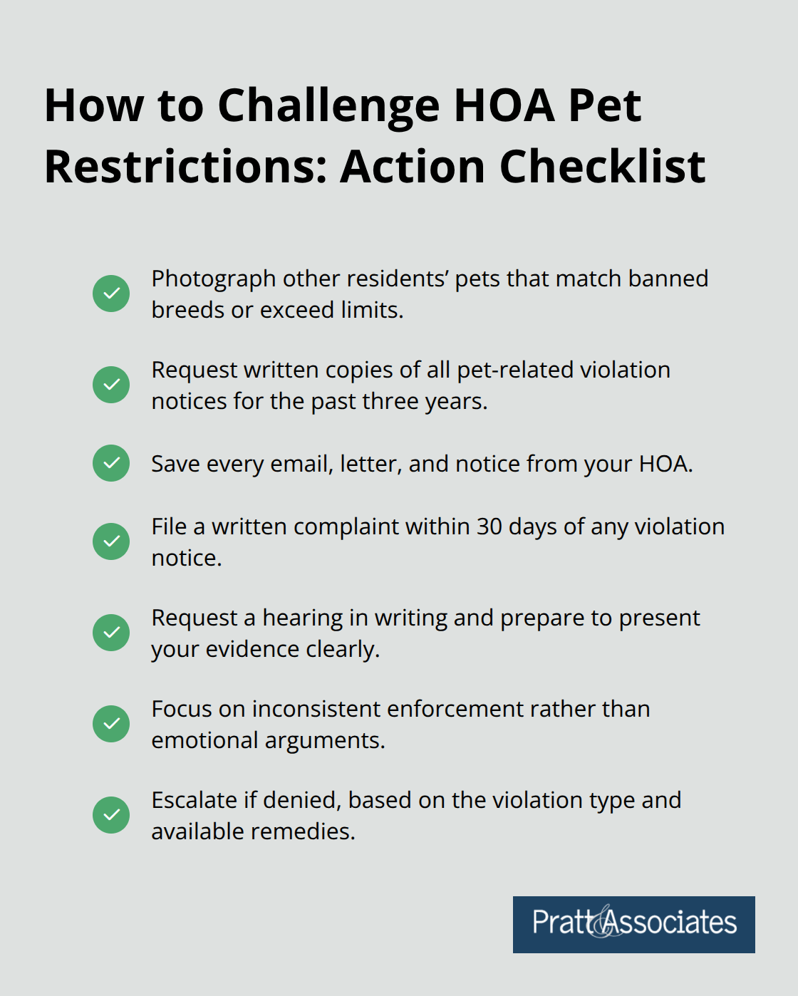 Checklist of steps homeowners can take to contest unreasonable or inconsistently enforced HOA pet rules - Pet restrictions California HOA