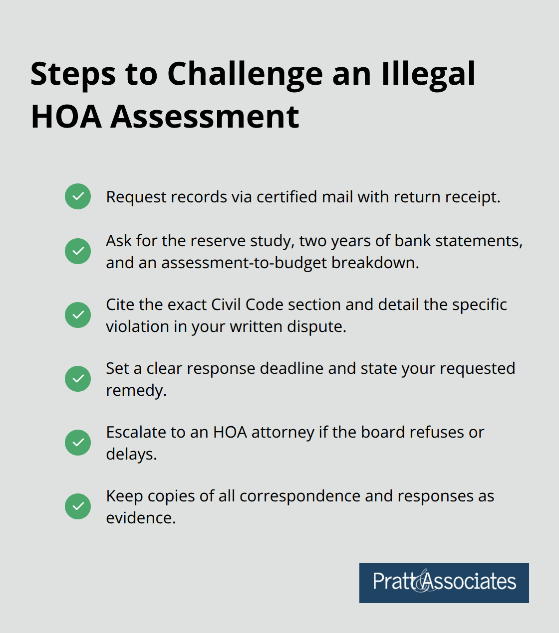 Checklist of key actions homeowners should take to challenge an illegal HOA assessment. - assessment disputes