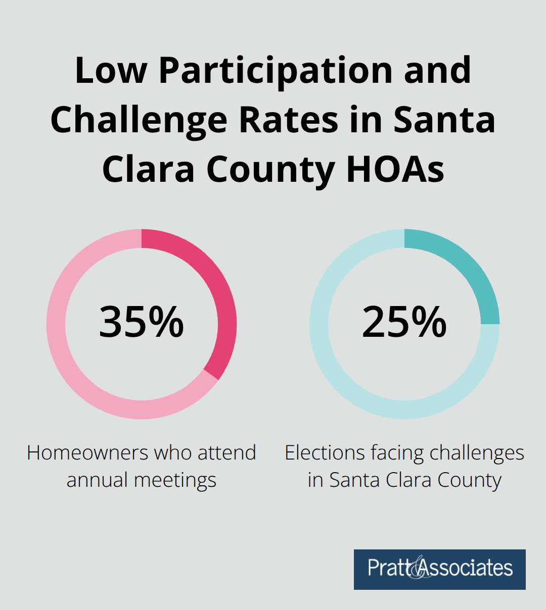 Chart showing 35% meeting attendance and about 25% challenge rate for HOA elections. - board elections