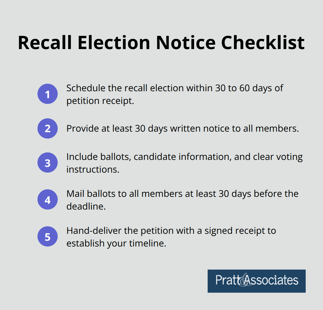 Checklist summarizing key recall election notice and mailing requirements for California HOAs.