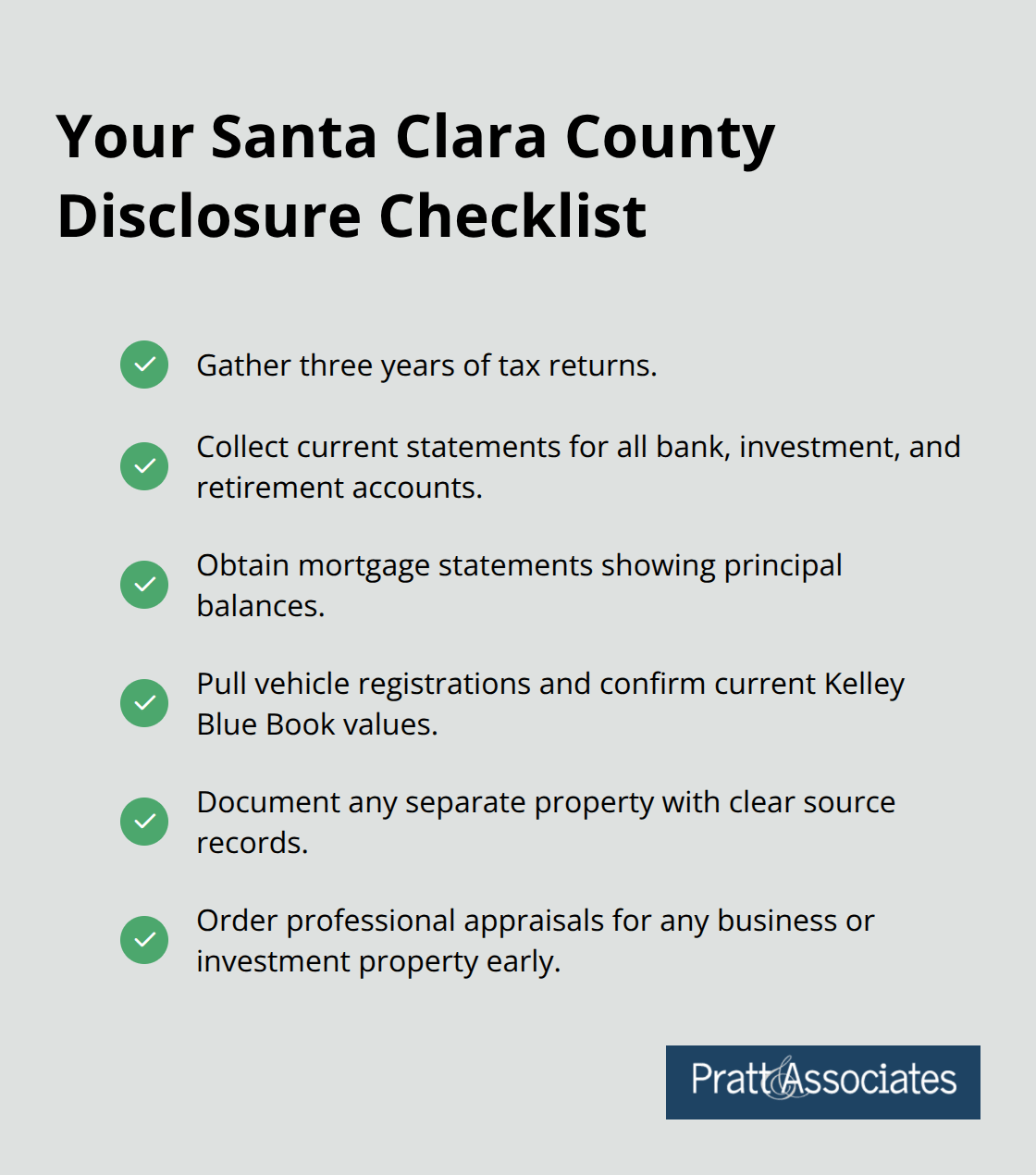 Checklist of documents and valuations to compile for Santa Clara County community property disclosures - california community property law 10 years