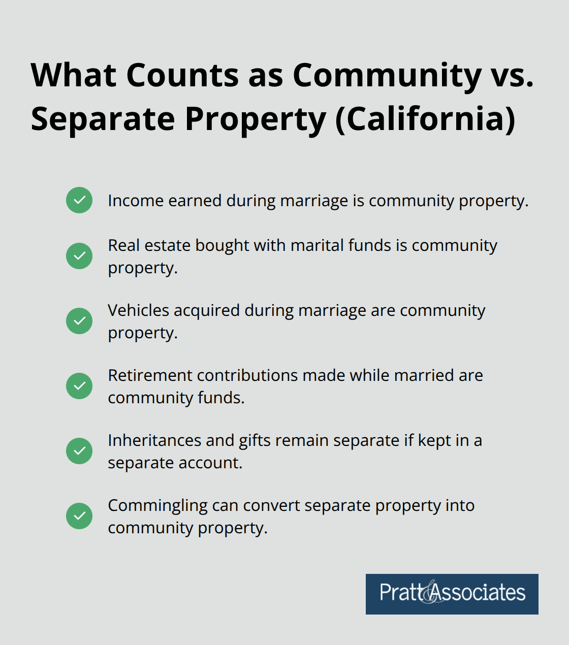 Key examples of community and separate property under California law during marriage.