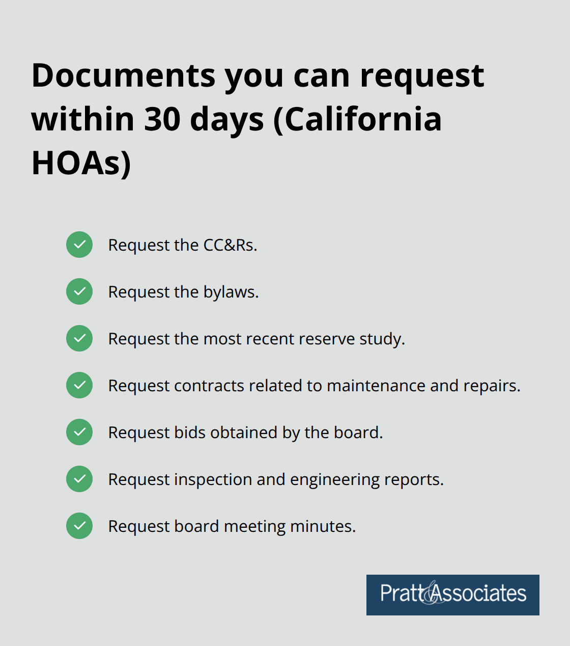 Checklist of HOA documents owners can request within 30 days under Davis‑Stirling Section 5200. - california hoa common area laws