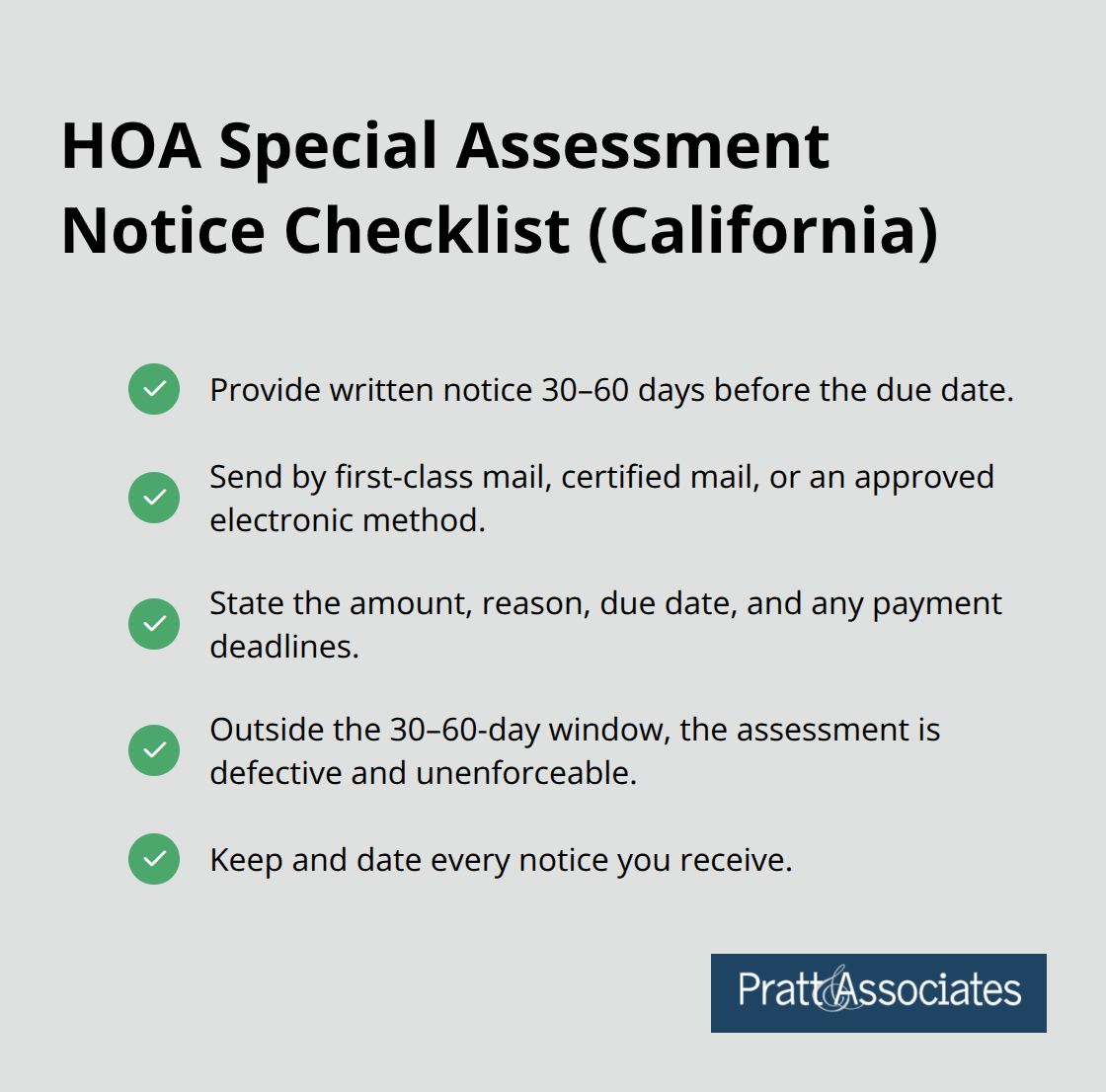 Checklist of California HOA special assessment notice requirements