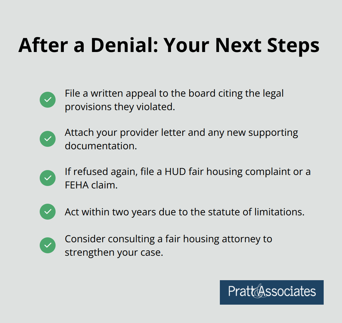 Checkmark list of escalation options after an HOA accommodation denial - disability accommodations