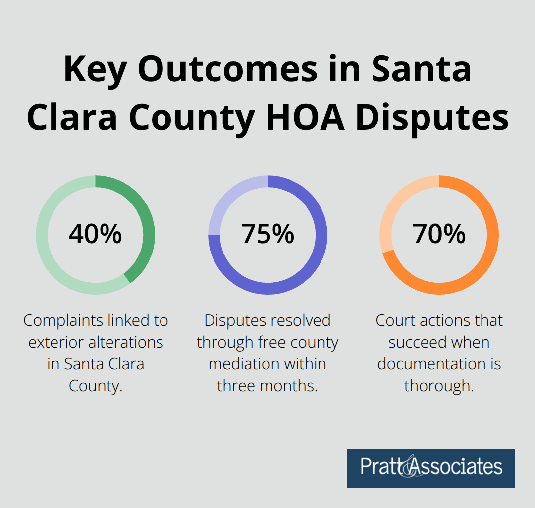 Percentages showing complaint sources, mediation resolution rate, and court success in Santa Clara County HOA matters. - hoa complaints