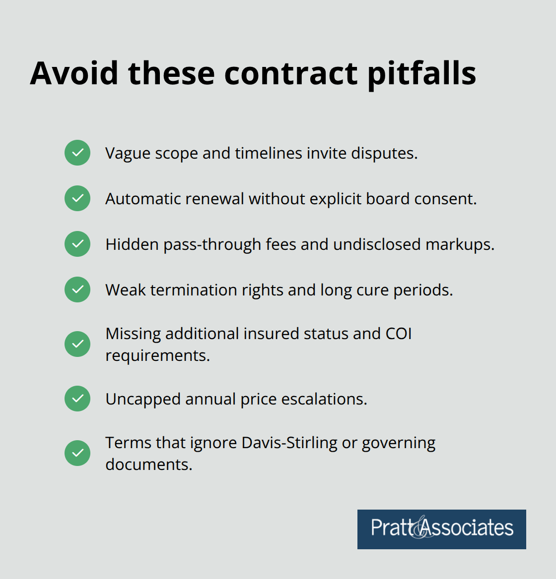 Checklist infographic of common HOA contract pitfalls U.S. boards should avoid