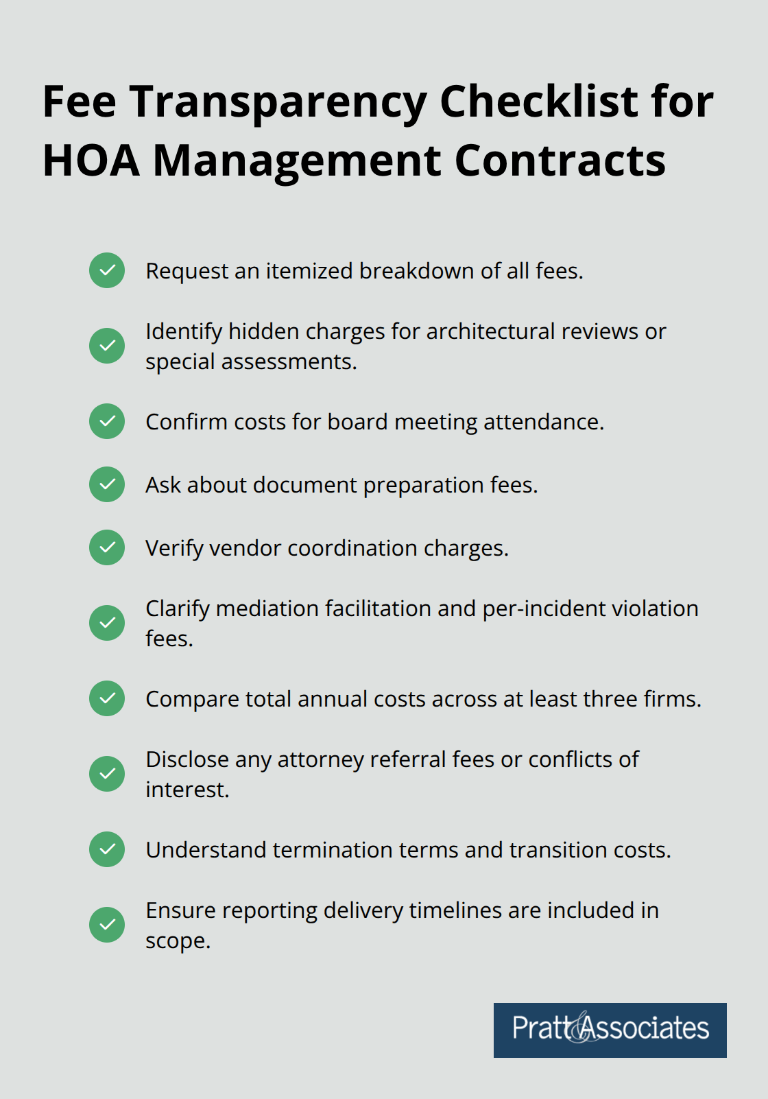 Checklist of items to request and compare when evaluating HOA management fees.