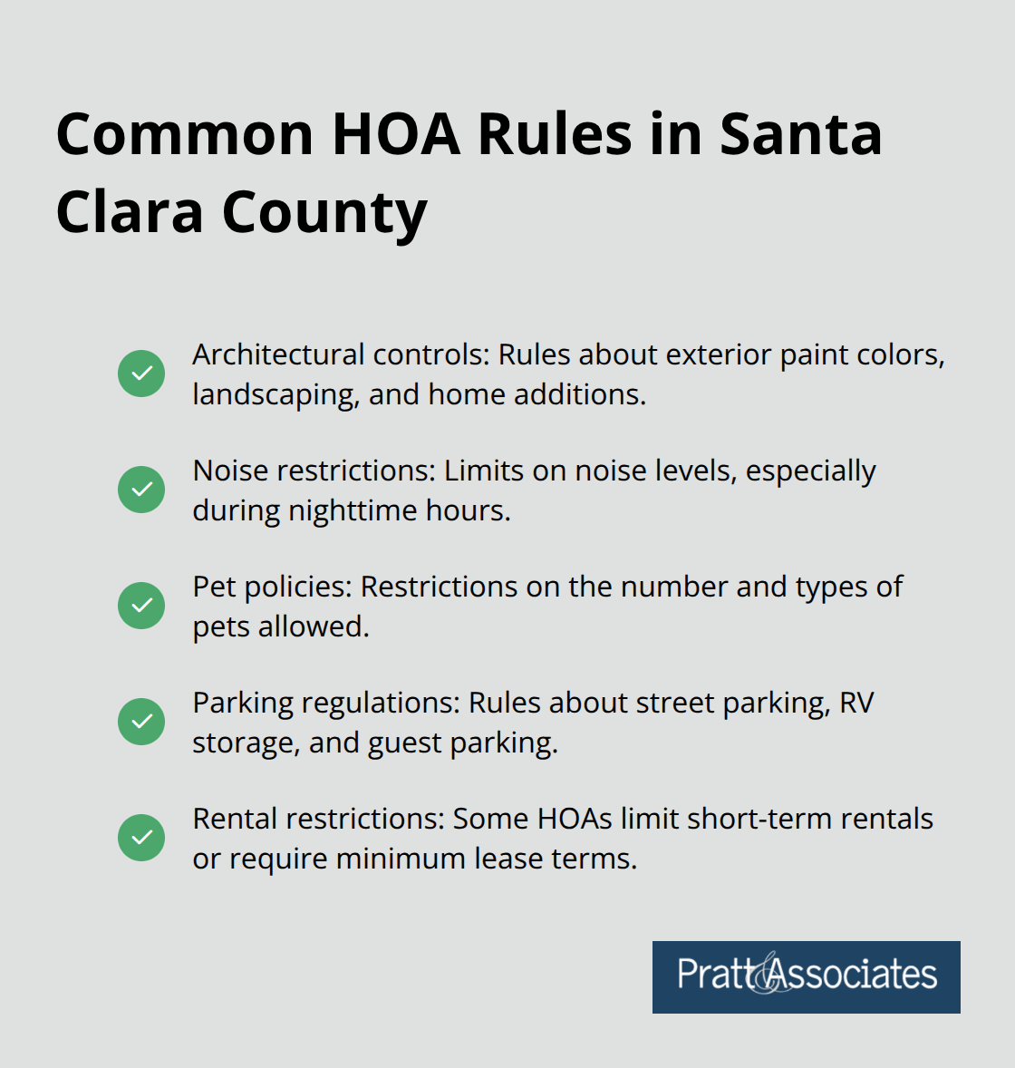 A checkmark list chart displaying five common HOA rules in Santa Clara County: architectural controls, noise restrictions, pet policies, parking regulations, and rental restrictions.