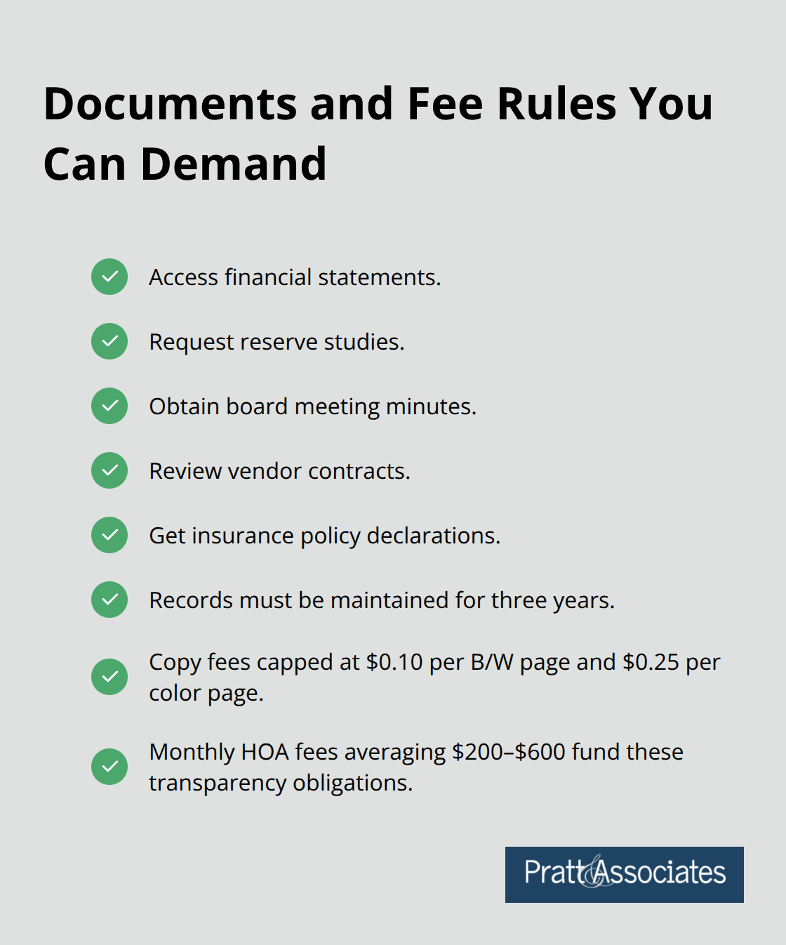 List of HOA documents homeowners can access and related fee rules in California