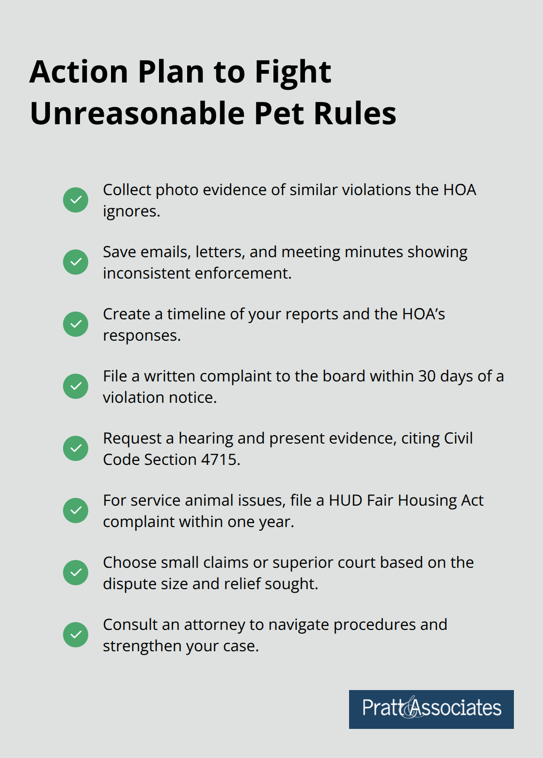 Checkmarked list of steps homeowners can take to challenge unfair HOA pet restrictions.