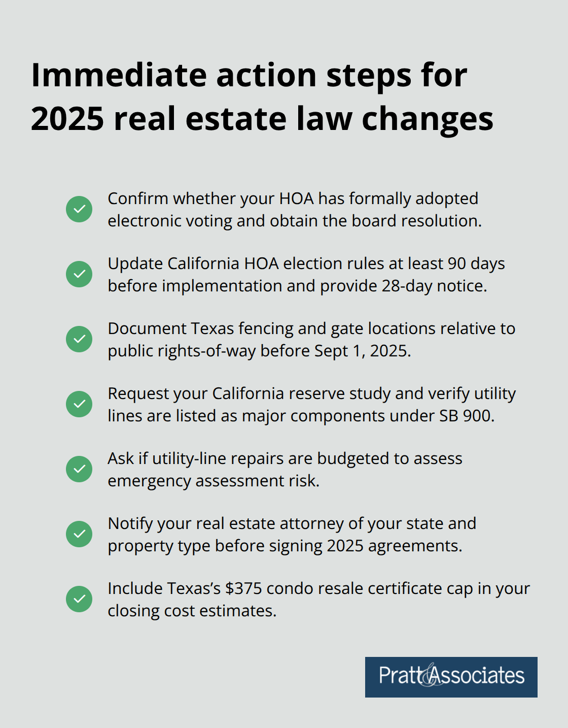 Checklist of priority actions for California and Texas property owners to stay compliant in 2025. - real estate law changes 2025