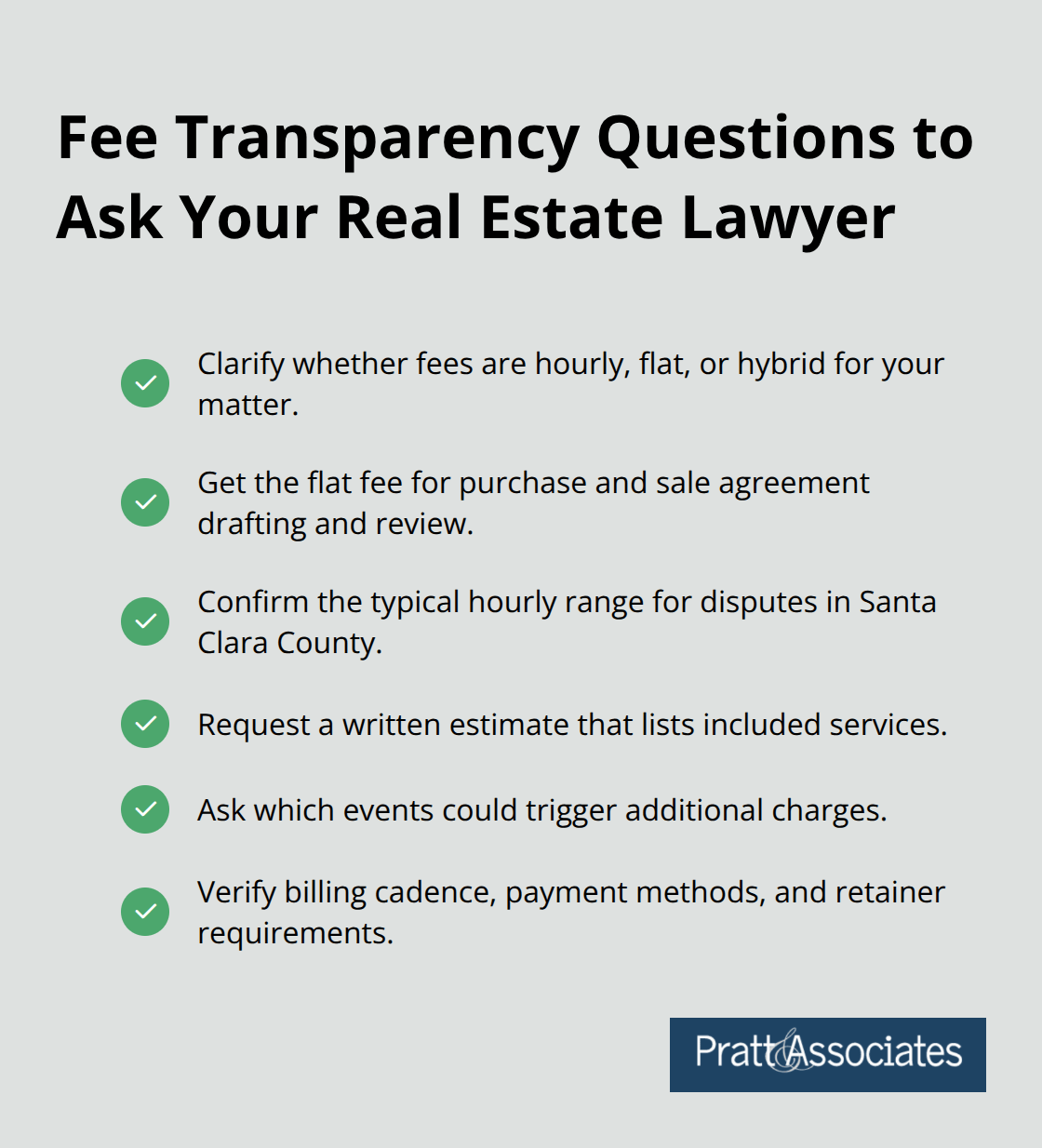 Checklist to clarify fee structures and avoid billing surprises when hiring a real estate attorney. - real estate law firm california