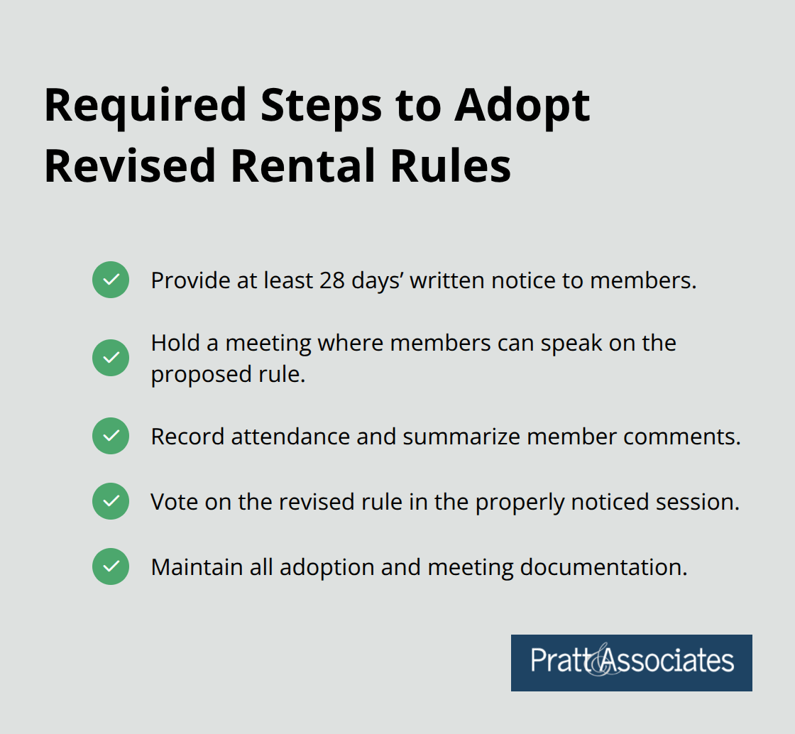 Checklist of the formal process California HOAs should follow to adopt revised rental policies. - rental lease restrictions