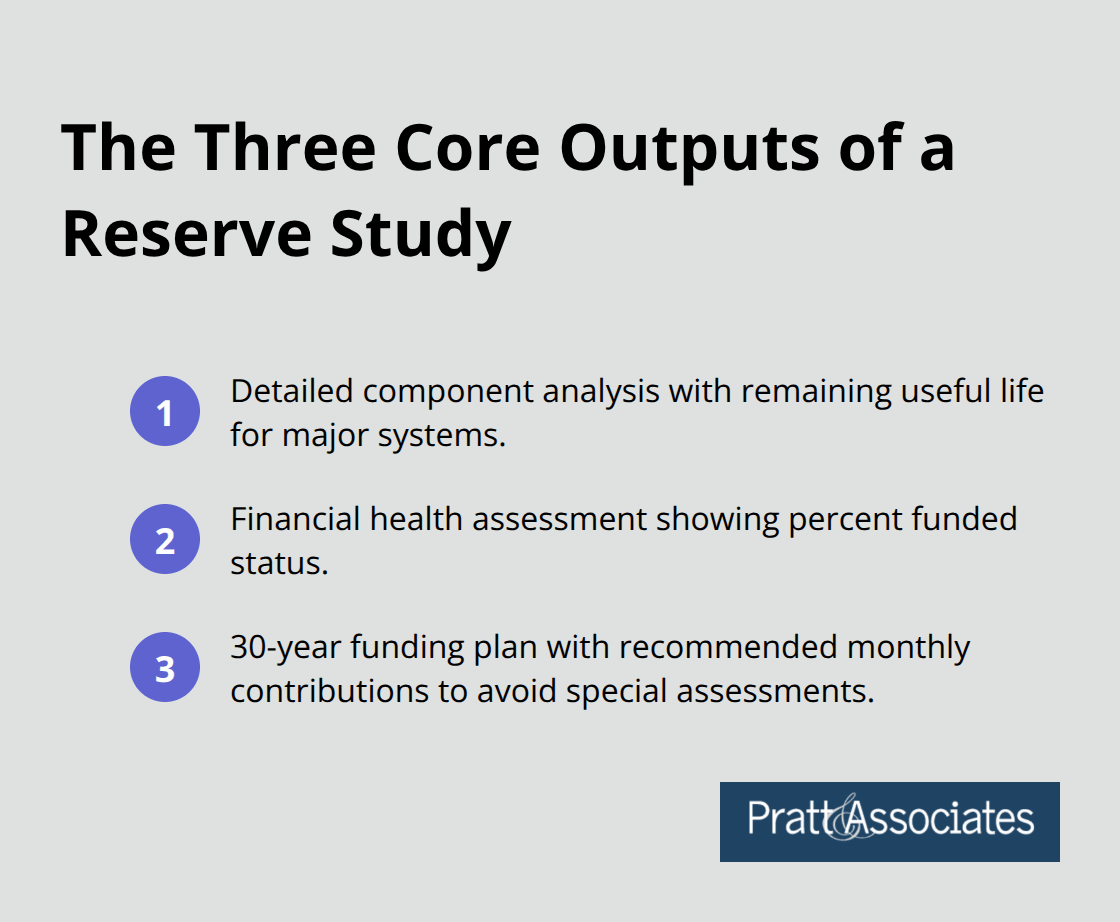 Infographic summarizing the three key outputs from an HOA reserve study in California.