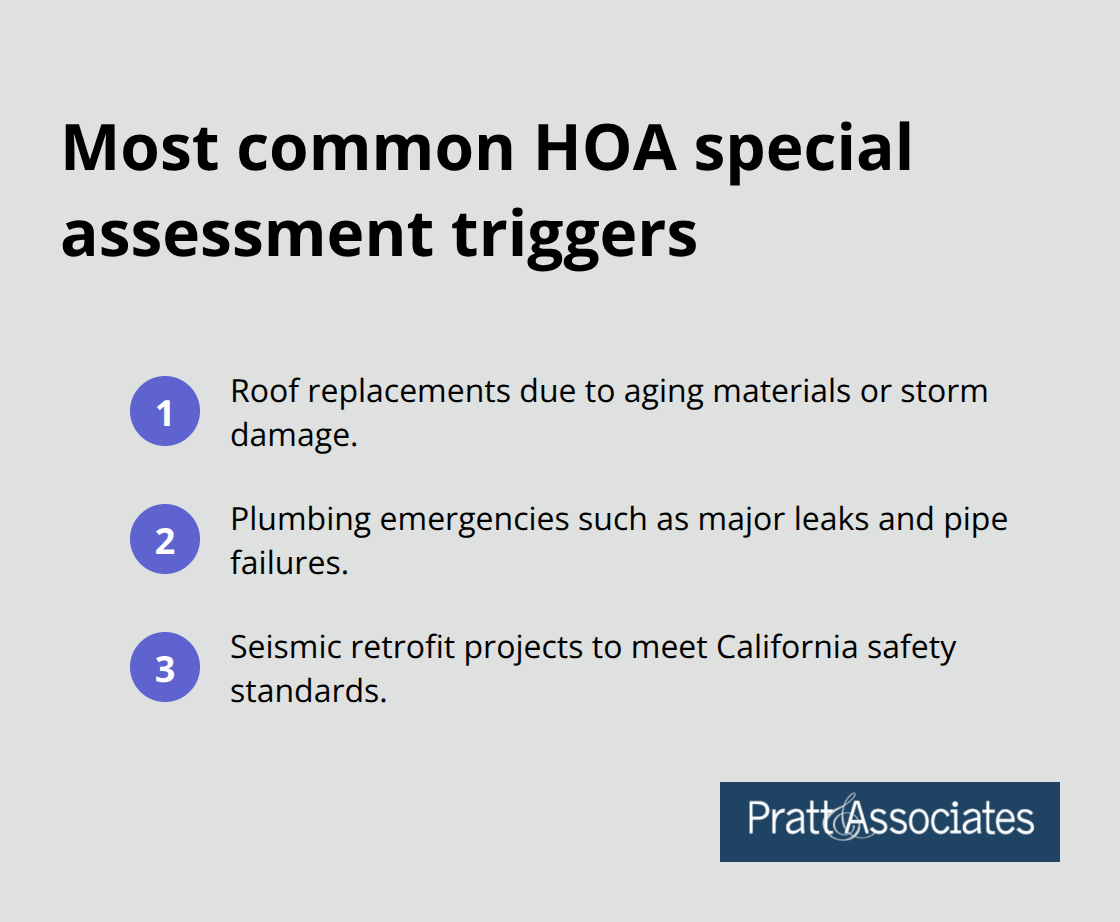 Top triggers for HOA special assessments in Santa Clara County: roof, plumbing, and seismic retrofits.