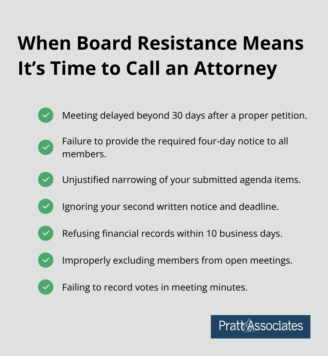 Checklist of board actions that should trigger immediate attorney involvement for HOA disputes. - special meeting procedures