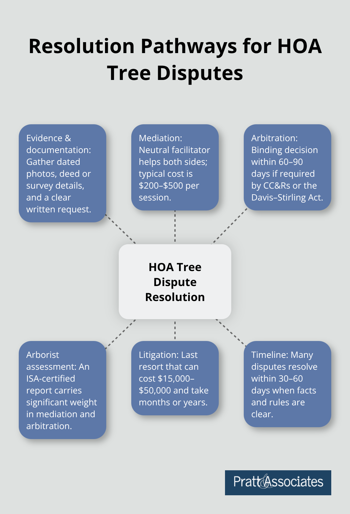 Hub-and-spoke diagram showing evidence, mediation, arbitration, arborist assessments, and litigation options for resolving HOA tree conflicts. - tree disputes